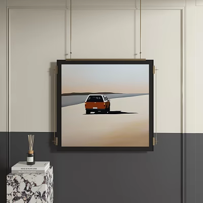 Abstract Painting Featuring Orange Car In Empty Landscape Framed On Modern Room Wall 3d model