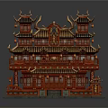 Cartoon Chinese Red Palace With Multi Story Pavilion Golden Decorations Curved Eaves And Hanging Lanterns