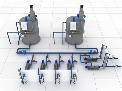 Industrial Equipment With Two Large Tanks Blue Valves And Connected Piping System 3d model