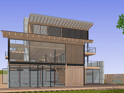 Modern Detached Villa Featuring Glass Facade Wooden Structure And Open Layout 3d model