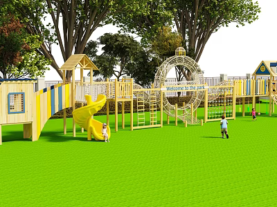 Outdoor Playground With Yellow Slide Wooden Climbing Frames Green Lawn Trees And Children Playing 3d model