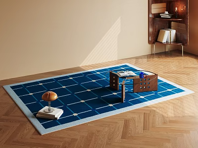 Blue Square Rug With White Grid Pattern On Wooden Floor In Modern Living Room 3d model