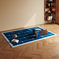 Blue Square Rug With White Grid Pattern On Wooden Floor In Modern Living Room