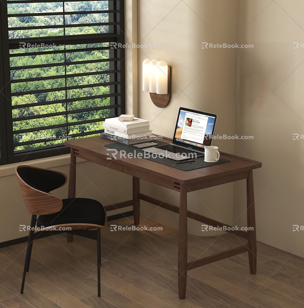 Modern desk chair books computer wall lamp 3d model