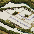 Aerial View of Water Treatment Plant With Circular Ponds River and Trees
