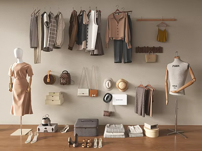 Organized Stylish Hanging Clothing Wardrobe Display With Mannequins Bags Hats And Shoes 3d model
