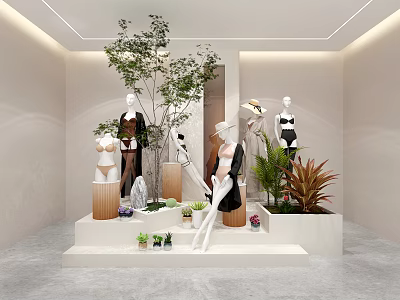 Fashion Mannequins Showcasing Stylish Outfits With Decorative Plants And Modern 3d model