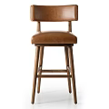 Two Modern Brown Leather Bar Stools With Wooden Legs And Backrest