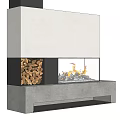Modern White Fireplace Design With Glass Front Burning Flame And Wood Storage