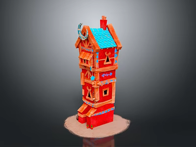 Fairy Tale Style Red Multi Storey Mall Shop With Blue Roof And Wooden Decorations 3d model