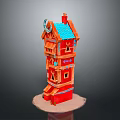 Fairy Tale Style Red Multi Storey Mall Shop With Blue Roof And Wooden Decorations