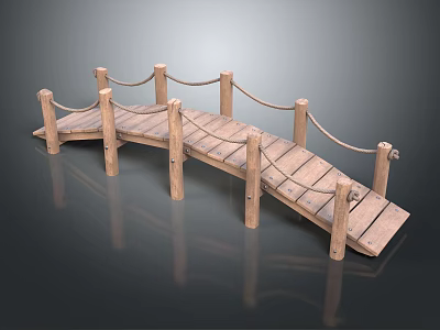 Wooden Arch Bridge Scene Component With Rope Railings And Wooden Support Posts 3d model
