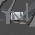 Modern Artistic Water Exhibition Hall With Abstract Curved Structures Small Boat And Misty Distant Mountains