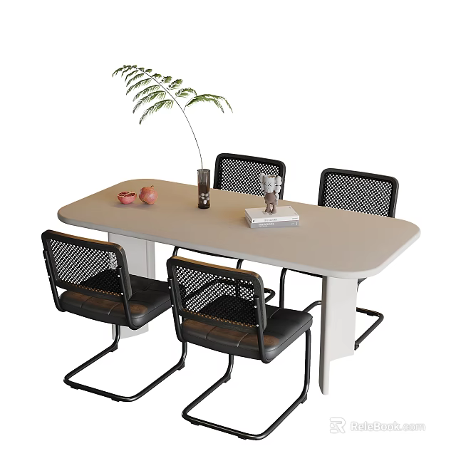 Rectangular Dining Table Set With Mesh Back Chairs And Decorative Plant Fruits Book 3d model