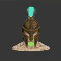 Ancient Warrior Helmet with Golden Decorations and Red Plume on Stone Base Historical Weaponry Design
