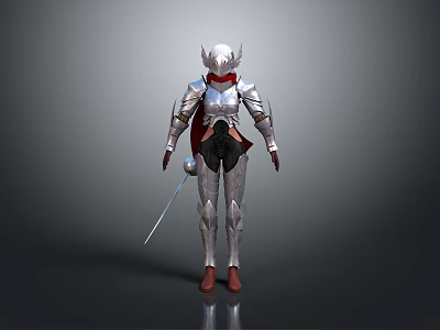 Fantasy Warrior Character With Silver Armor Red Cape And Sword Design 3d model