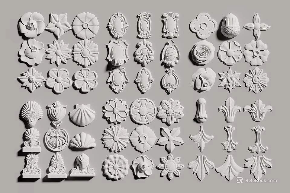 Various Intricate Carved Decorative Elements In White With Floral And Leaf Designs 3d model 
