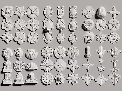 Various Intricate Carved Decorative Elements In White With Floral And Leaf Designs 3d model