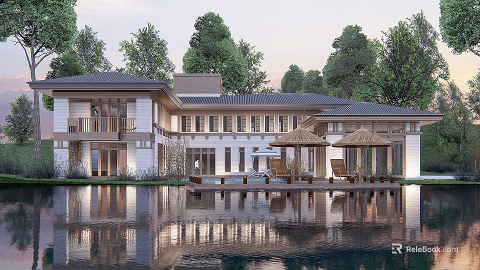 Modern Lakeside Villa Surrounded by Trees Featuring Water Reflection Terrace And Umbrella Seating 3d model