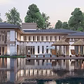Modern Lakeside Villa Surrounded by Trees Featuring Water Reflection Terrace And Umbrella Seating 3d model