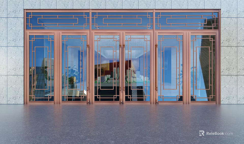 Modern Copper Framed Glass Double Doors With Clear Panels For Building Entrance 3d model 