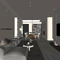 Modern Living and Dining Room Interior With Sofa Dining Table And Hanging Light