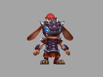 Cartoon Rabbit Warrior Game Character With Red Comb Hairstyle Purple Spiked Armor And Blue Eyes 3d model