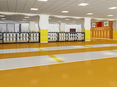 Spacious Indoor Fitness Gym With Barbell Racks Yellow White Floor And Columns 3d model