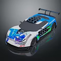 Blue And White Racing Car With Striking Graphics Rear Spoiler And Number 999