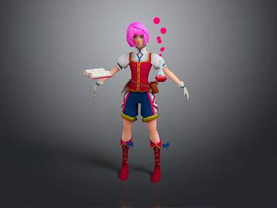 Pink Haired Animated Character Wearing Red Vest Blue Shorts Holding Tray With Floating Pink Bubbles 3d model