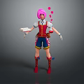 Pink Haired Animated Character Wearing Red Vest Blue Shorts Holding Tray With Floating Pink Bubbles