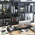 Modern Office Desk And Chair Set With Laptop Bookshelf Table Lamp And Decorations