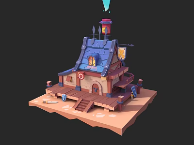 Cartoon Style House Scene With Blue Roof Window Clock Flag And Wooden Steps 3d model