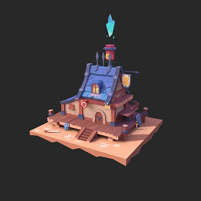 Modern cartoon building blue roof small house 3d model Modern cartoon building blue roof small house 3d model