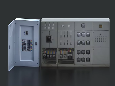 Industrial Electrical Control Panel With Open Door And Circuit Breakers Switches 3d model