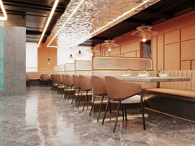 Modern Hot Pot Restaurant Interior With Warm Tones And Pendant Lights 3d model