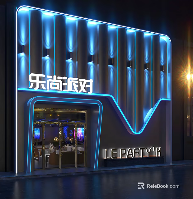 Modern Party Venue Storefront With Blue Neon Lights And LE PARTY Signage 3d model 
