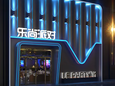 Modern Party Venue Storefront With Blue Neon Lights And LE PARTY Signage 3d model