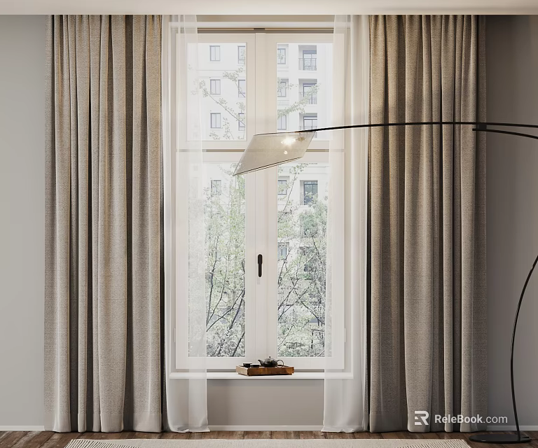 Light Beige Linen Curtains For Window With Tree View And Floor Lamp Indoor 3d model 