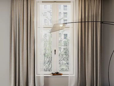 Light Beige Linen Curtains For Window With Tree View And Floor Lamp Indoor 3d model