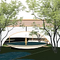 Modern Waterside Landscape With Circular Pavilion Reflective Pool Curved Pathway And Lush Greenery