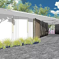 Modern Building Exterior Wall Design With Dark Stone Panels Golden Lines And Green Plants