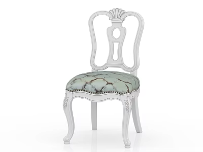 Elegant White Stool With Carved Backrest And Light Green Patterned Seat Cushion 3d model