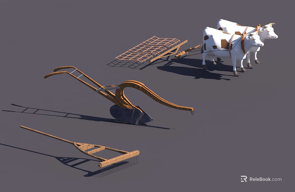 Traditional Garden Ornaments with Wooden Plow Rake Wheelbarrow and Cow Figurines 3d model 