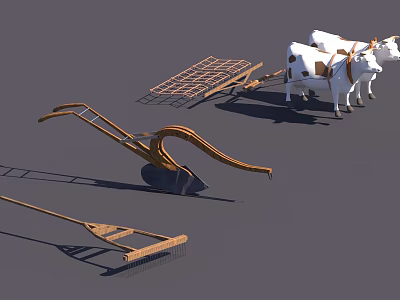 Traditional Garden Ornaments with Wooden Plow Rake Wheelbarrow and Cow Figurines 3d model