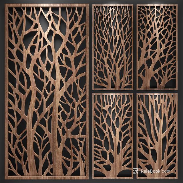 Wooden Room Divider With Intricate Tree Branch Laser Cut Pattern For Modern Interior Space Separation 3d model 