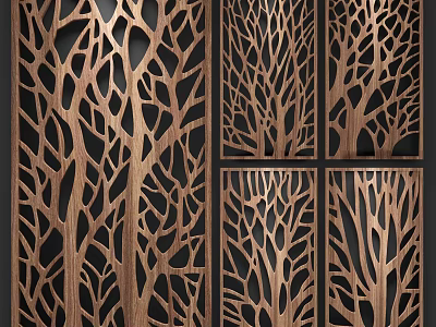 Wooden Room Divider With Intricate Tree Branch Laser Cut Pattern For Modern Interior Space Separation 3d model