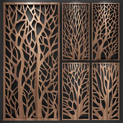 Wooden Room Divider With Intricate Tree Branch Laser Cut Pattern For Modern Interior Space Separation 3d model