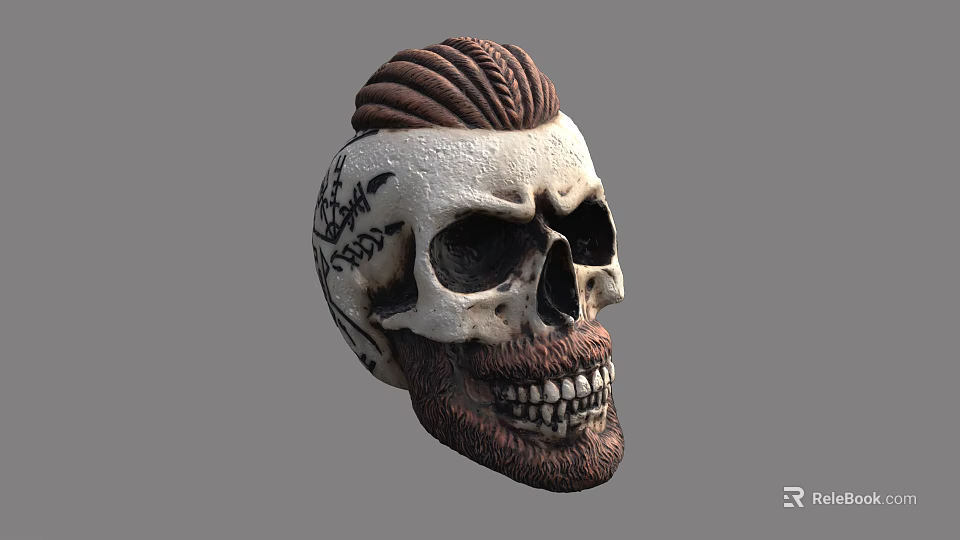 Realistic Skull Character With Braided Hair Facial Tattoo Beard And Detailed Teeth 3d model 