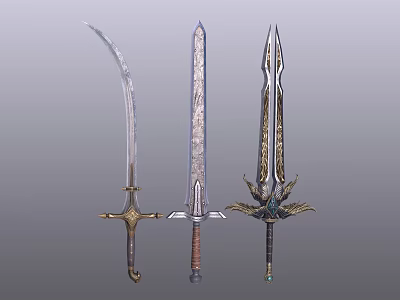Three Ornate Swords With Unique Blade Designs And Intricate Hilt Details 3d model